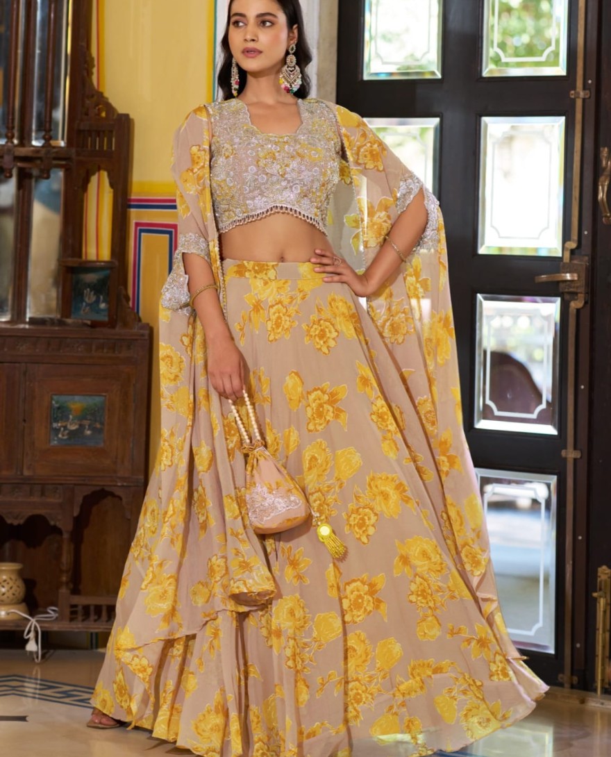 YELLOW - Beige Floral Print Georgette Lehenga Choli