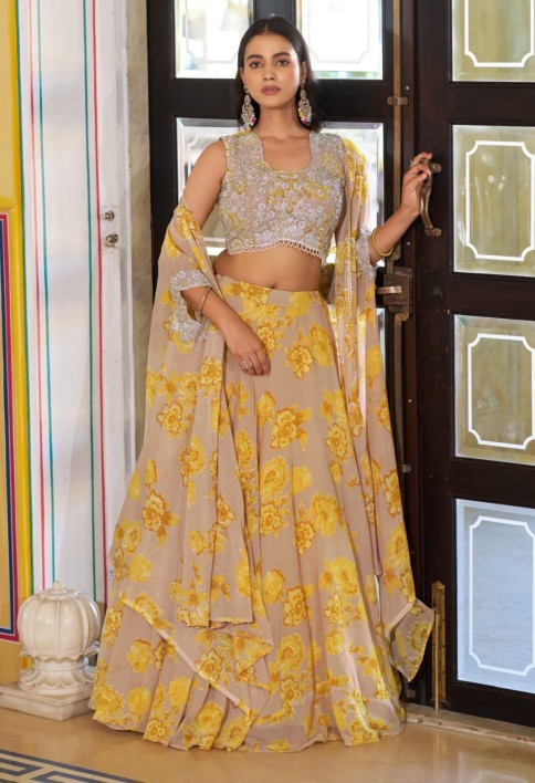 Beige Floral Print Georgette Lehenga Choli