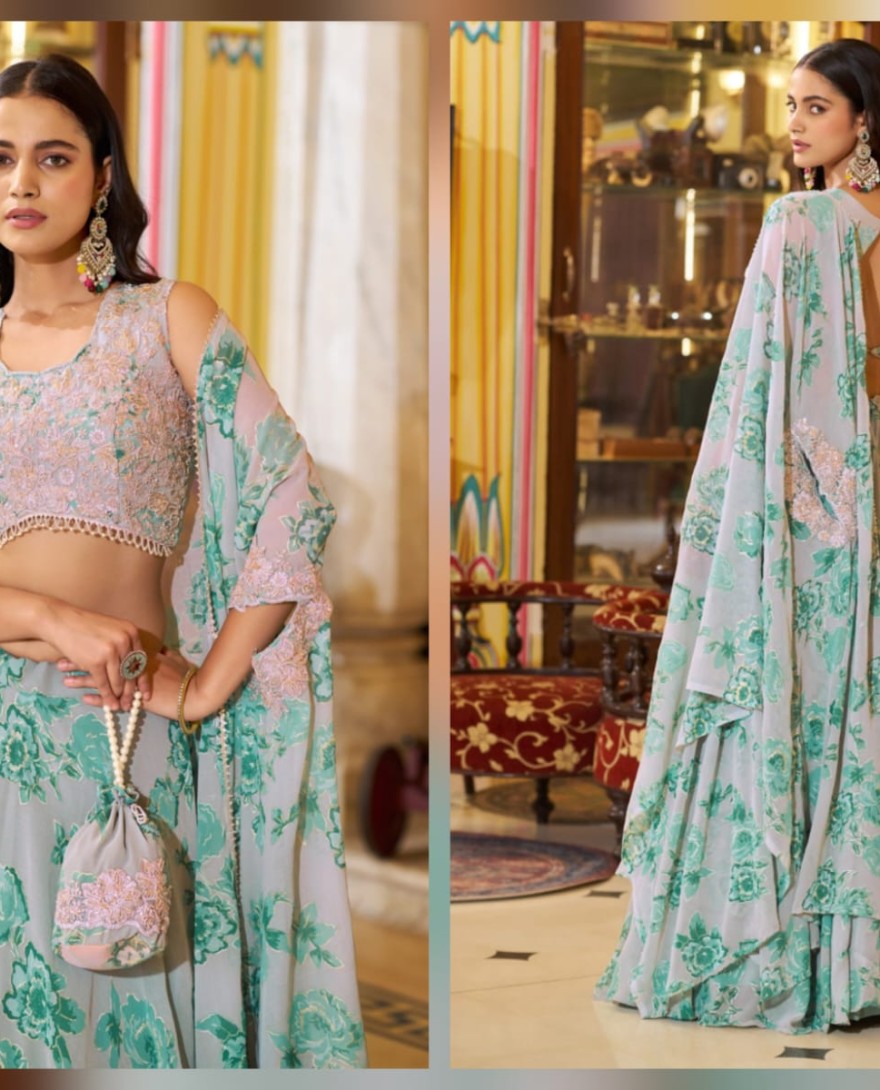 GREY - Sky Grey Floral Print Georgette Lehenga Choli