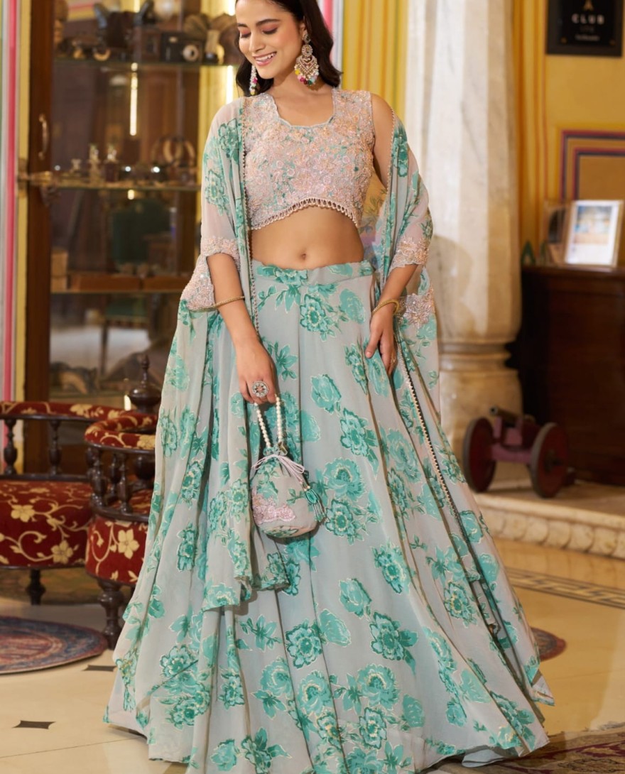 GREY - Sky Grey Floral Print Georgette Lehenga Choli