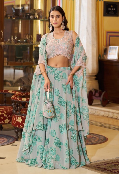 Sky Grey Floral Print Georgette Lehenga Choli
