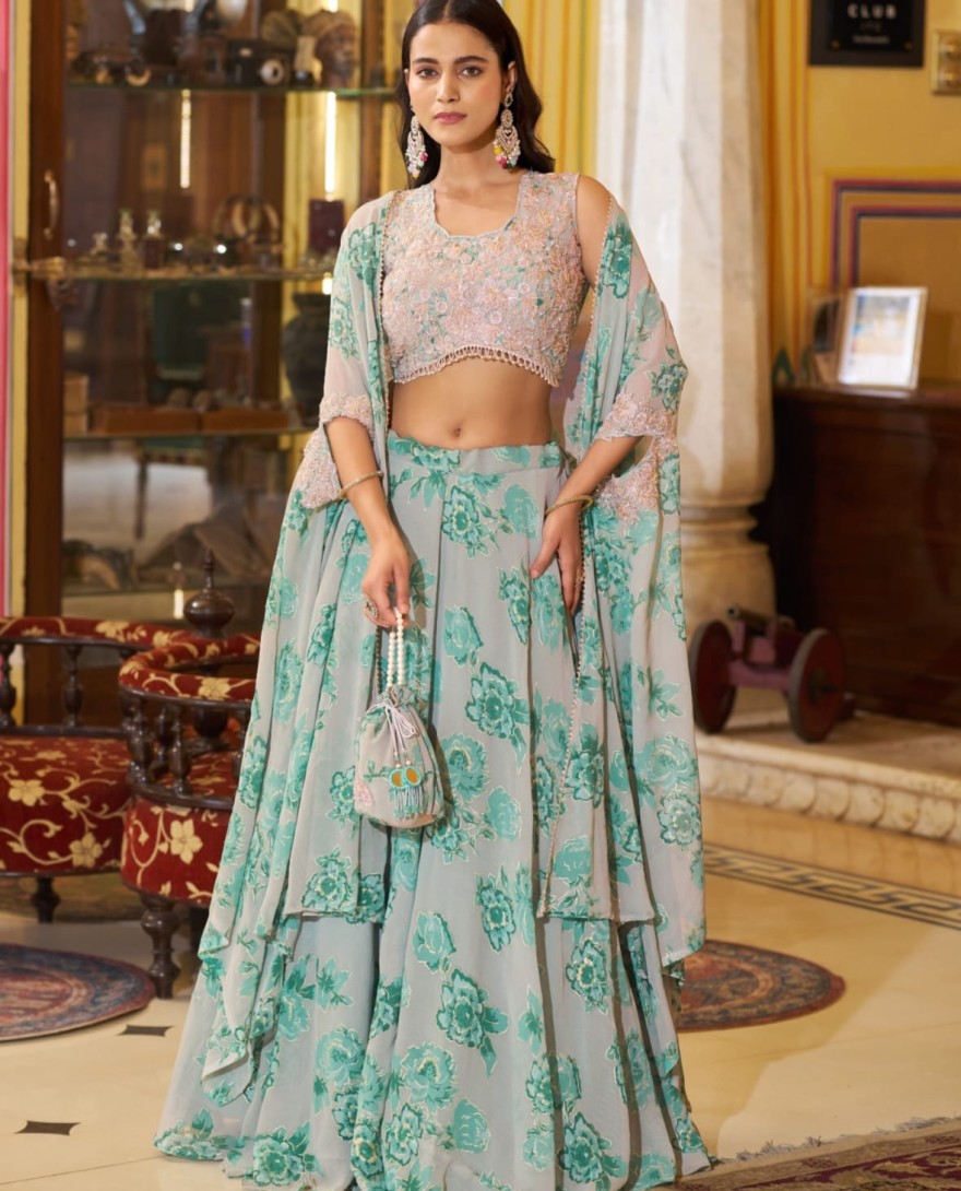 GREY - Sky Grey Floral Print Georgette Lehenga Choli