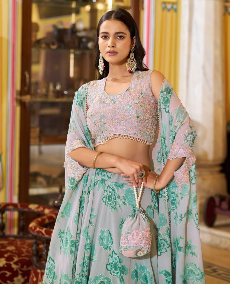 GREY - Sky Grey Floral Print Georgette Lehenga Choli