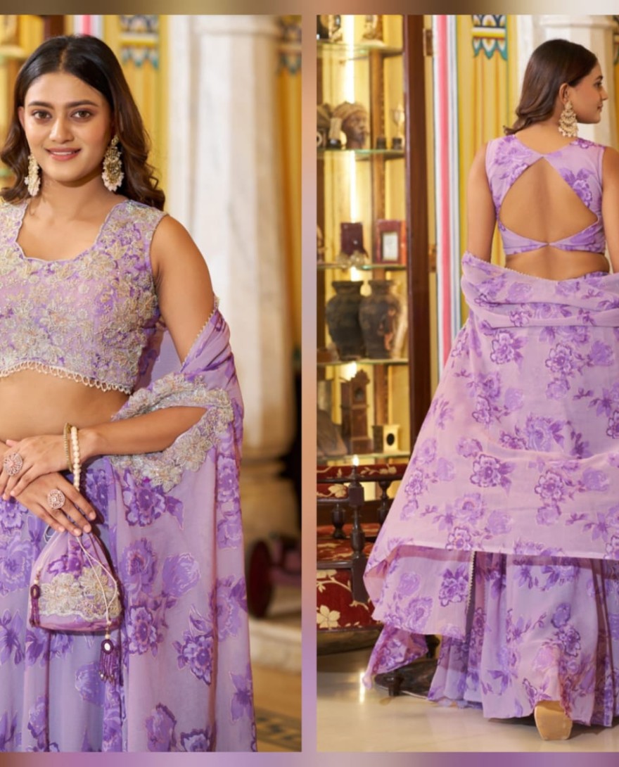 LAVENDER - Lavender Floral Print Georgette Lehenga Choli