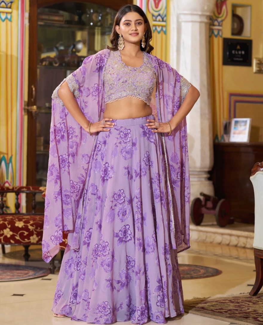 LAVENDER - Lavender Floral Print Georgette Lehenga Choli