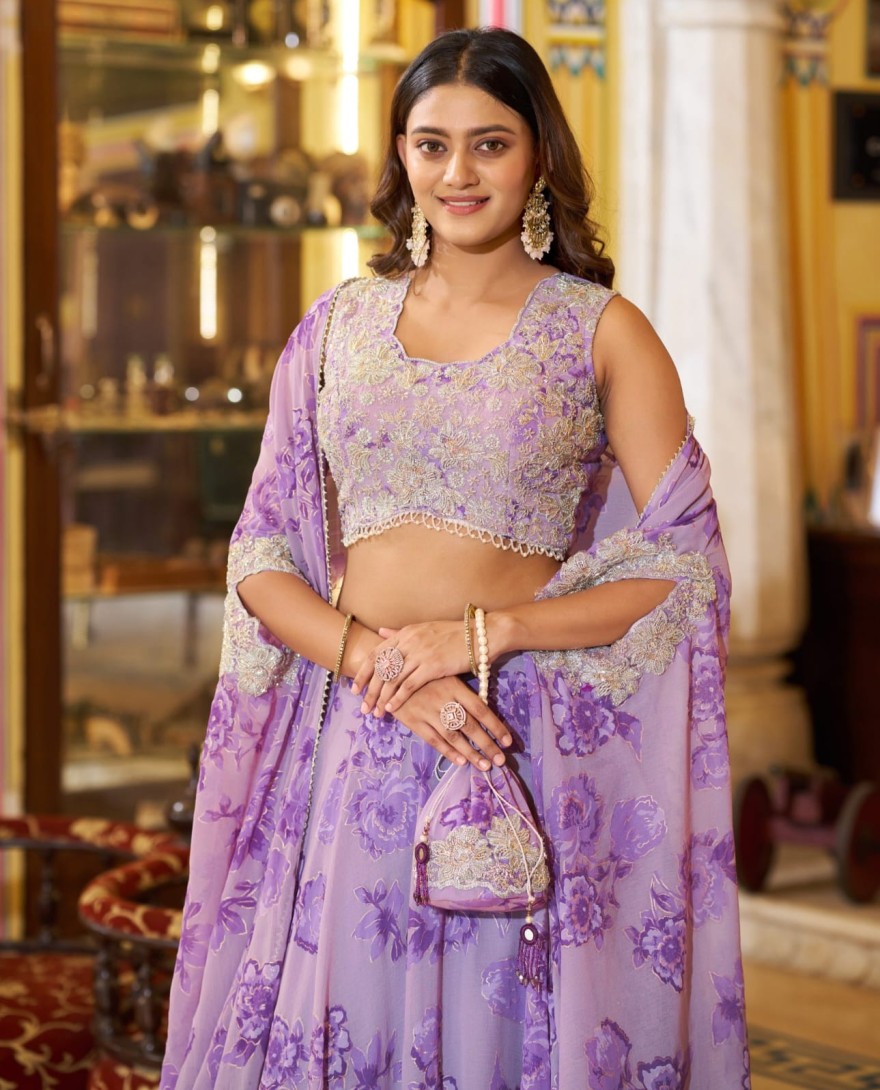 LAVENDER - Lavender Floral Print Georgette Lehenga Choli