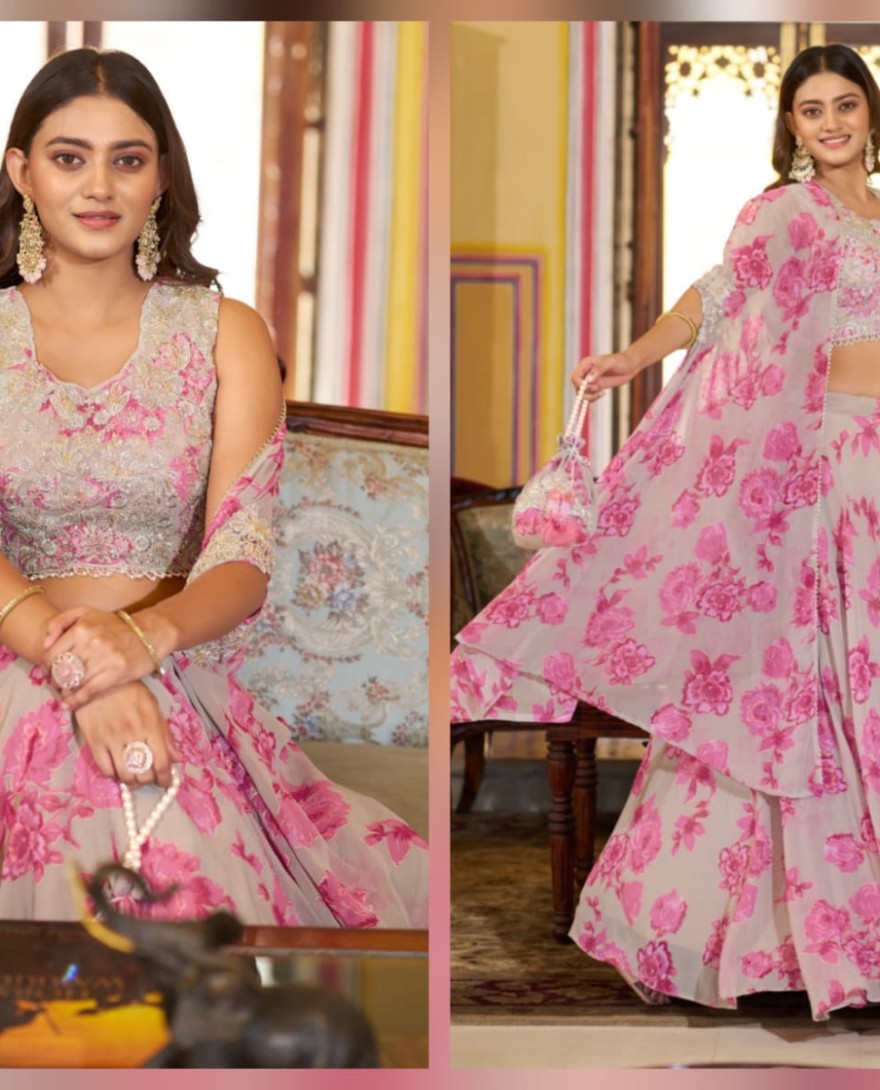 PINK - Dusty Grey Floral Print Georgette Lehenga Choli