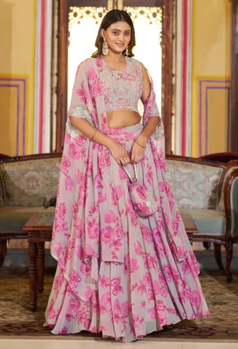 Dusty Grey Floral Print Georgette Lehenga Choli