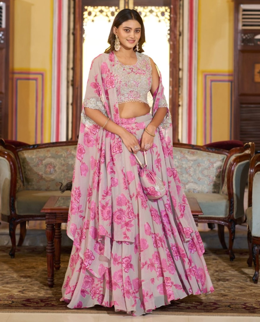 PINK - Dusty Grey Floral Print Georgette Lehenga Choli