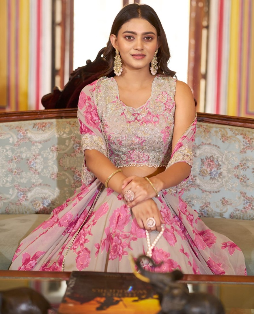 PINK - Dusty Grey Floral Print Georgette Lehenga Choli