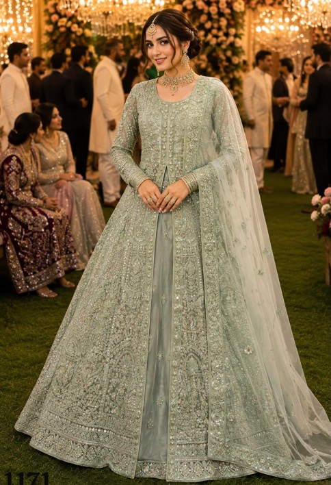 Green Net Embroidered, Sequins and Stone Work Lehenga Choli for Ceremonial