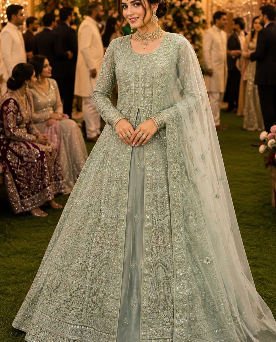 GREEN - Green Net Embroidered, Sequins and Stone Work Lehenga Choli for Ceremonial
