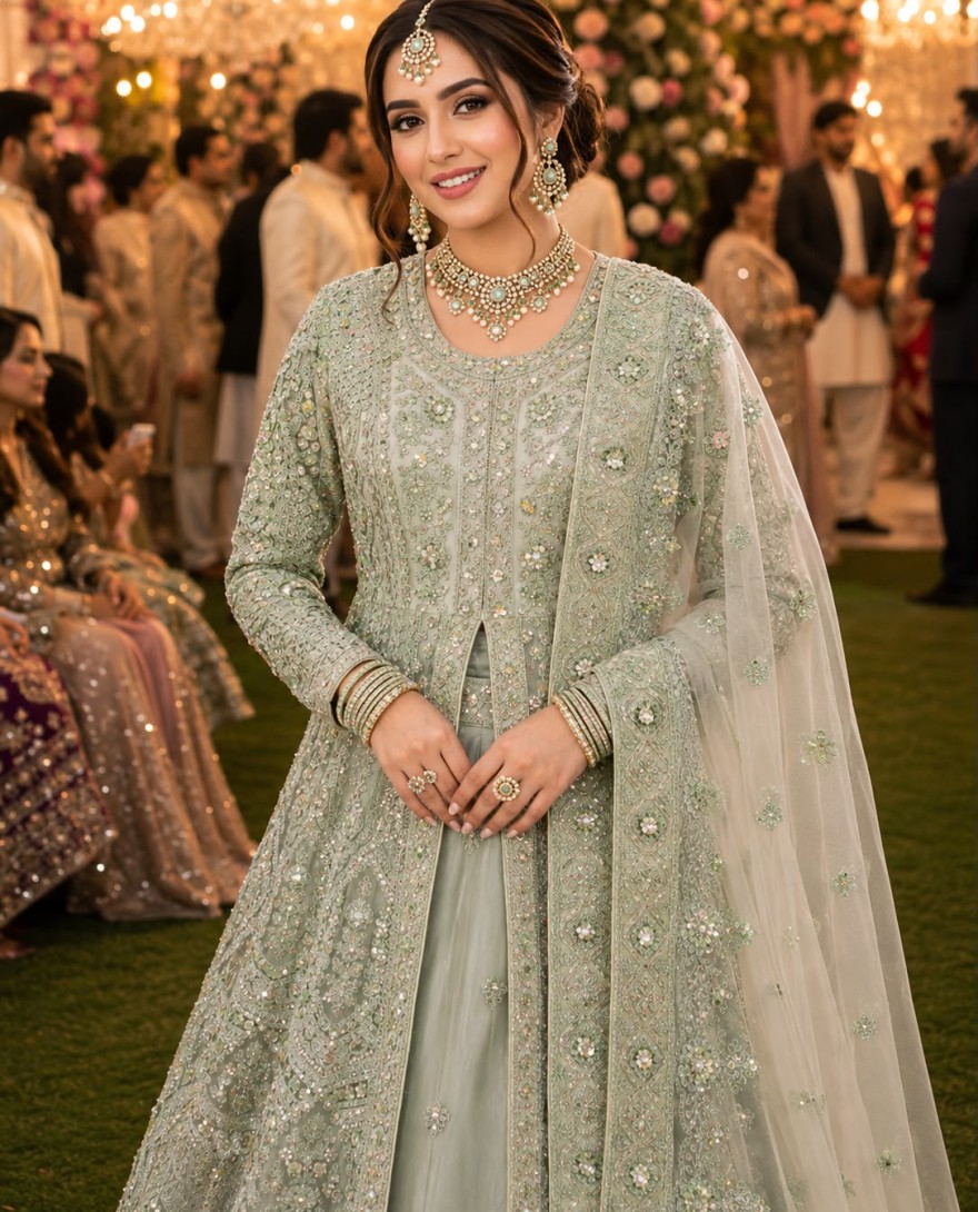 GREEN - Green Net Embroidered, Sequins and Stone Work Lehenga Choli for Ceremonial