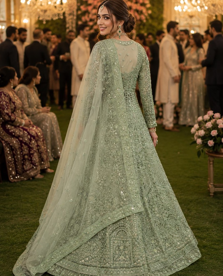 GREEN - Green Net Embroidered, Sequins and Stone Work Lehenga Choli for Ceremonial