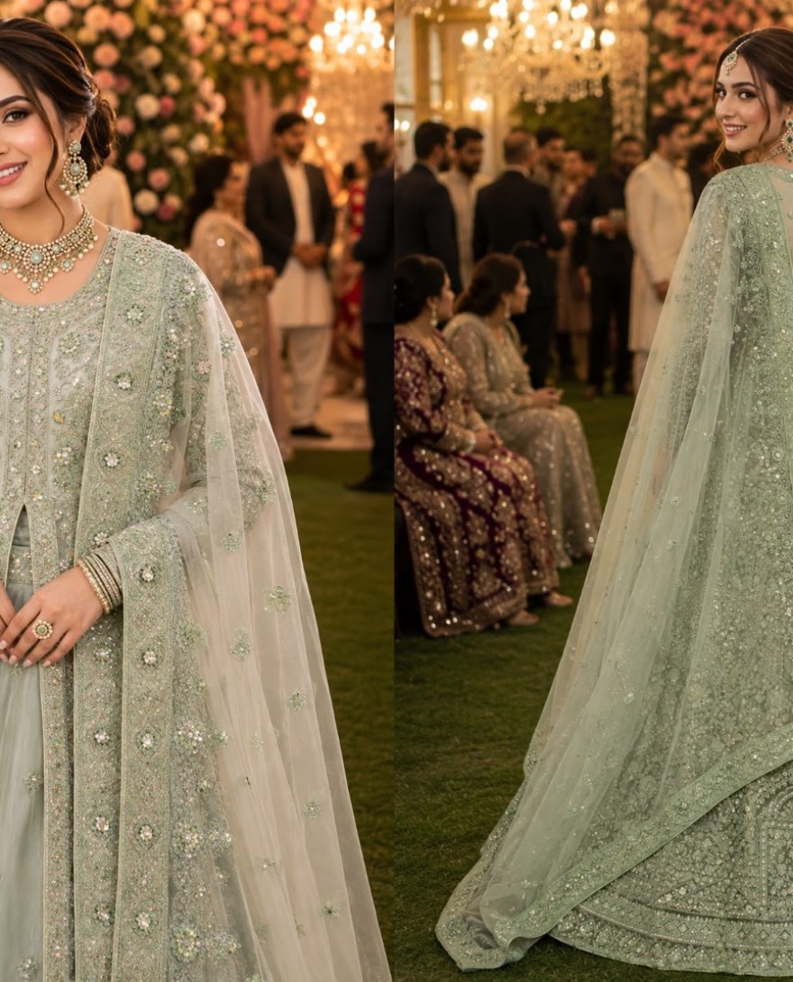 GREEN - Green Net Embroidered, Sequins and Stone Work Lehenga Choli for Ceremonial