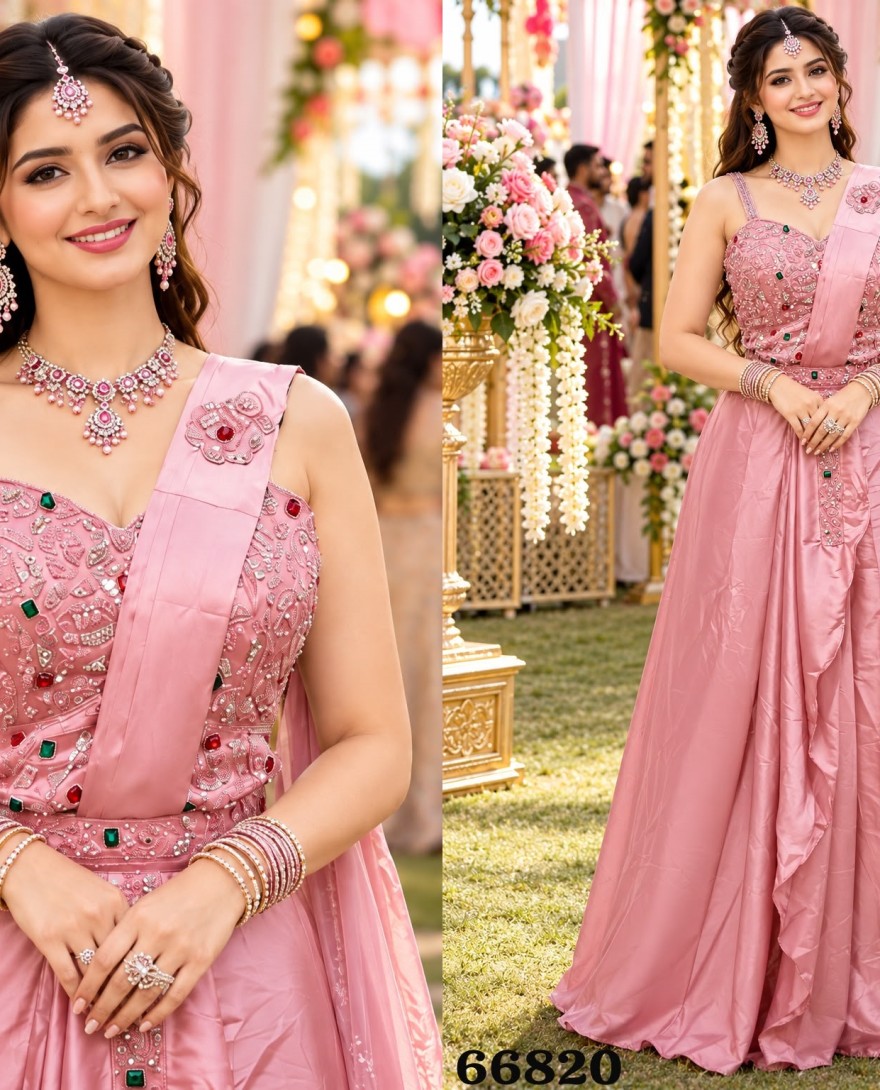 66820 - Pink Satin Contemporary Sari with Embroidered and Stone Work