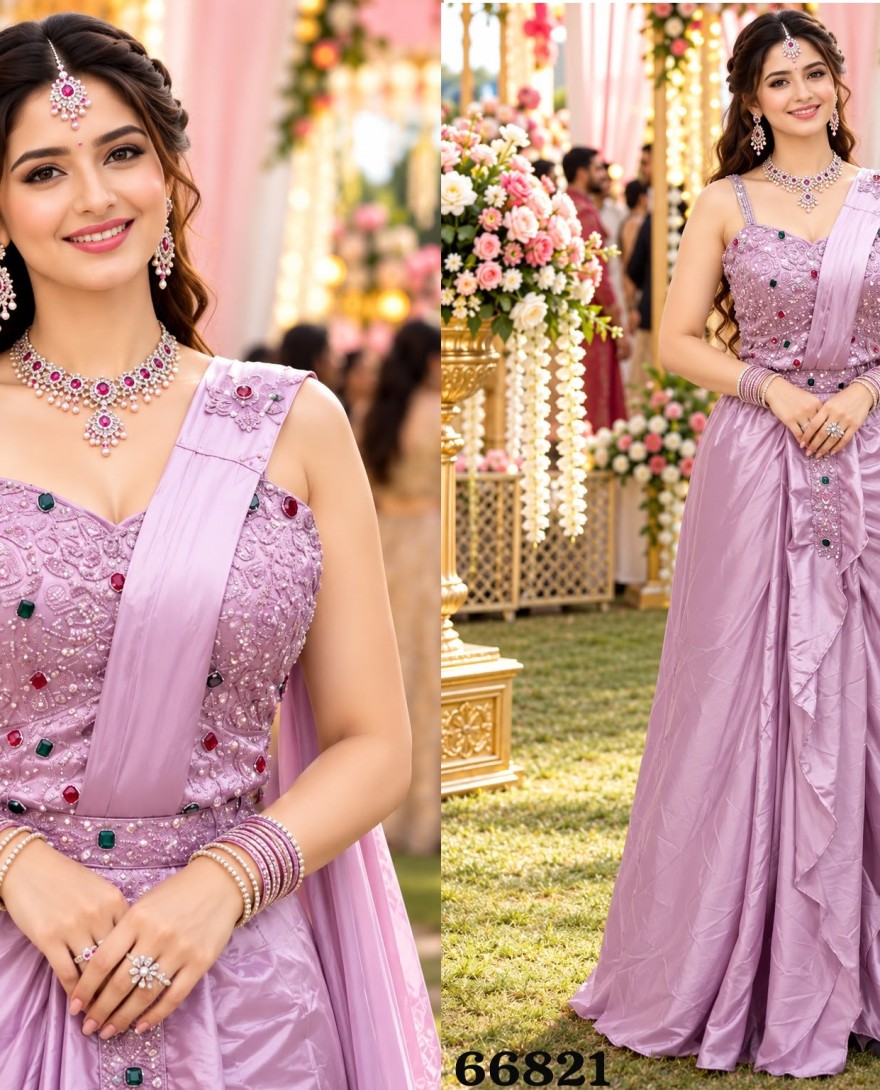 66821 - Lavender Satin Classic Saree with Embroidered and Stone Work