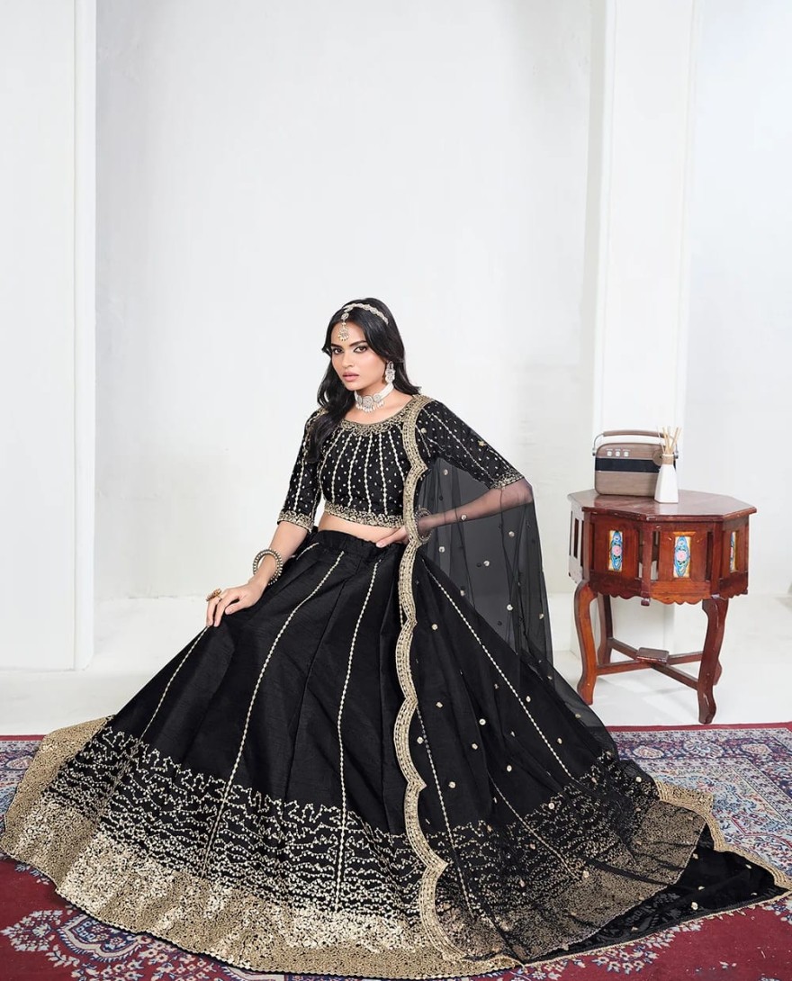 BLACK - Black Art Silk Mirror Handwork Wedding Lehenga Choli