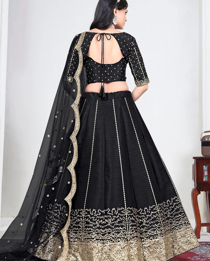 BLACK - Black Art Silk Mirror Handwork Wedding Lehenga Choli