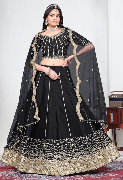 Black Art Silk Mirror Handwork Wedding Lehenga Choli