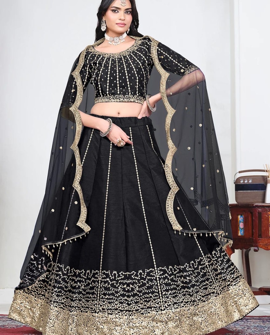 BLACK - Black Art Silk Mirror Handwork Wedding Lehenga Choli