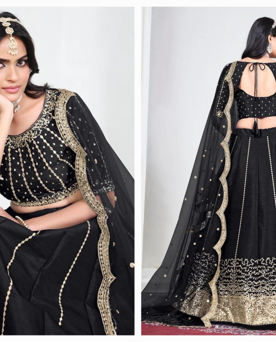 BLACK - Black Art Silk Mirror Handwork Wedding Lehenga Choli