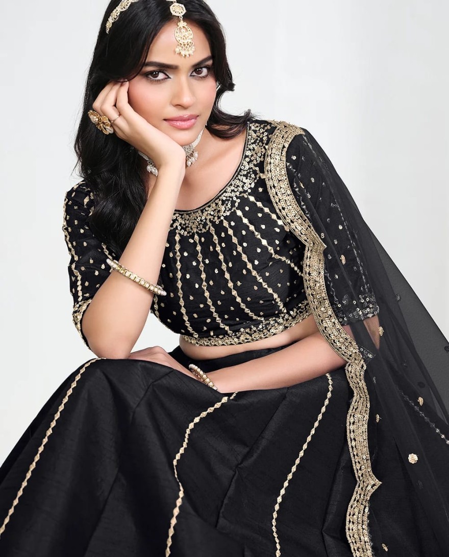 BLACK - Black Art Silk Mirror Handwork Wedding Lehenga Choli