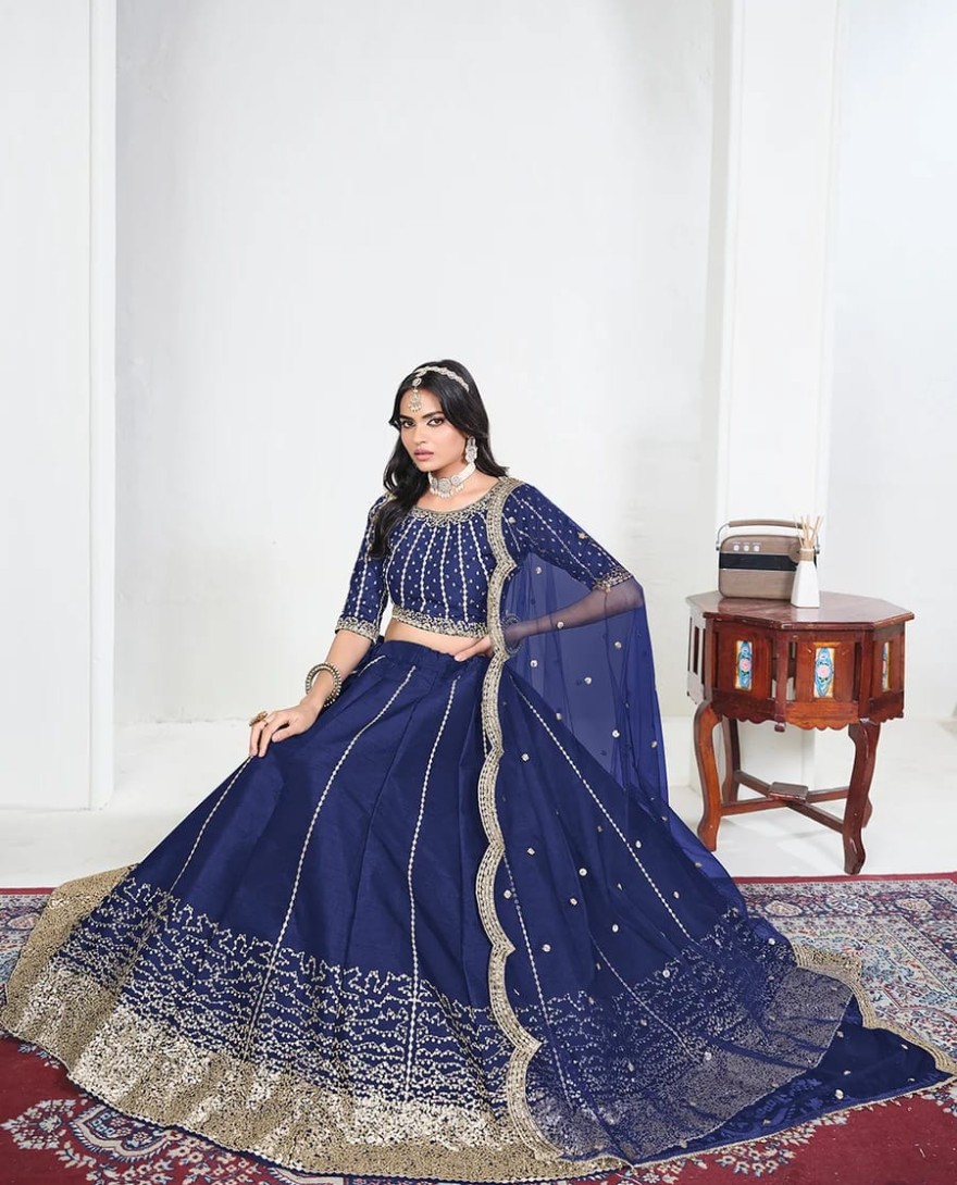 BLUE - Blue Art Silk Mirror Handwork Wedding Lehenga Choli
