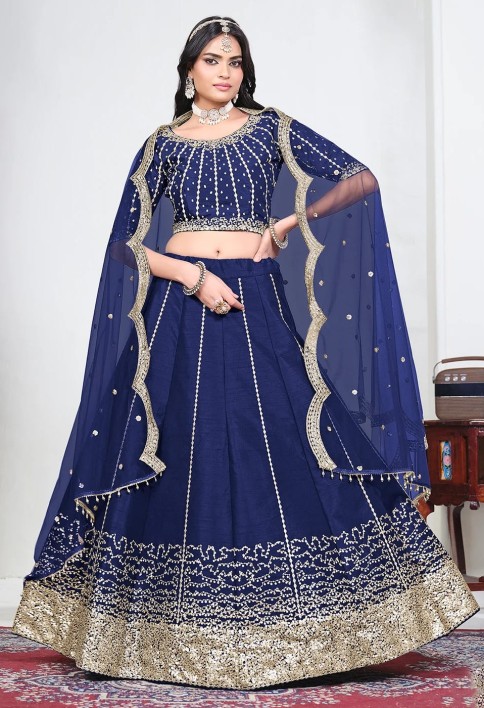 Blue Art Silk Mirror Handwork Wedding Lehenga Choli