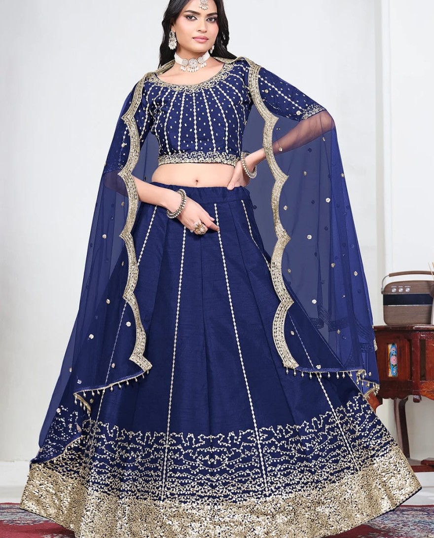 1BLUE - Blue Art Silk Mirror Handwork Wedding Lehenga Choli