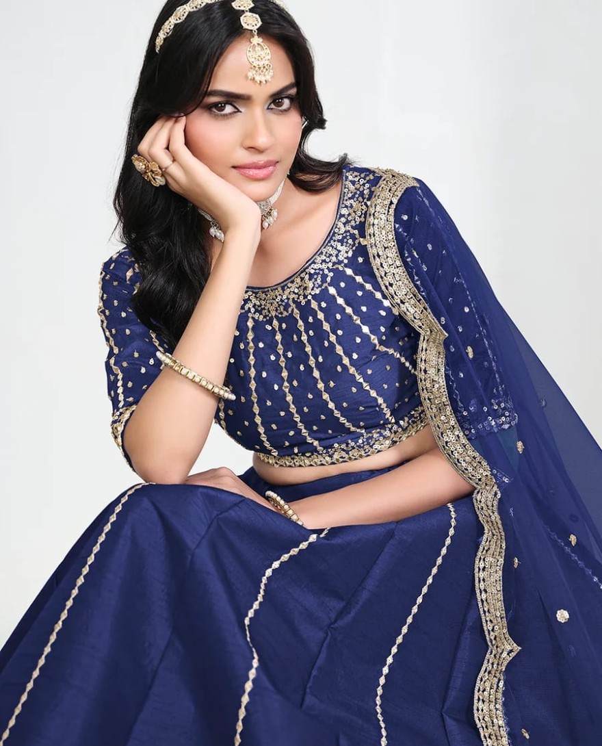 BLUE - Blue Art Silk Mirror Handwork Wedding Lehenga Choli