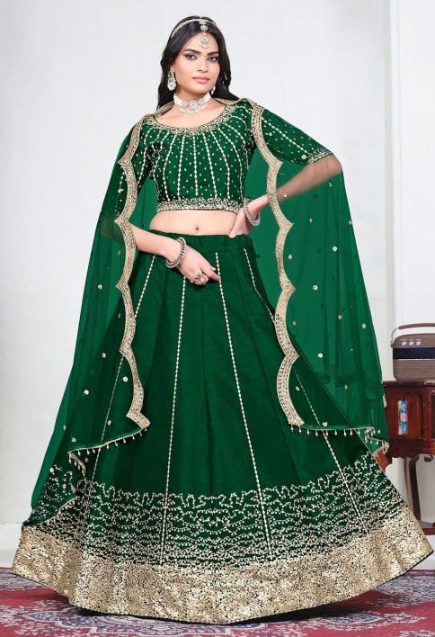 Green Art Silk Mirror Handwork Wedding Lehenga Choli