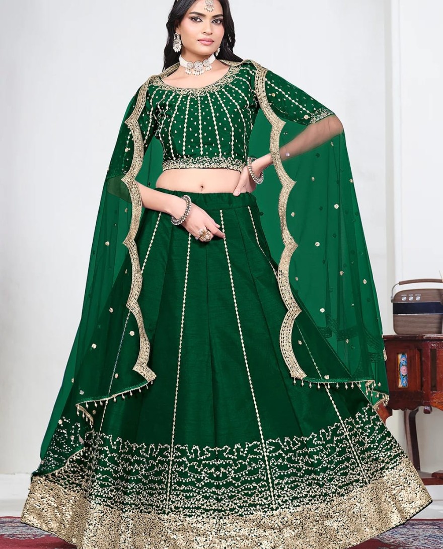 GREEN - Green Art Silk Mirror Handwork Wedding Lehenga Choli