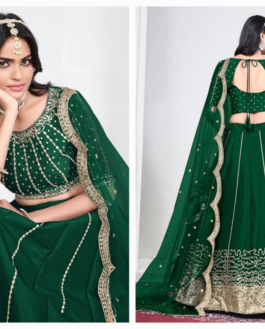 GREEN - Green Art Silk Mirror Handwork Wedding Lehenga Choli