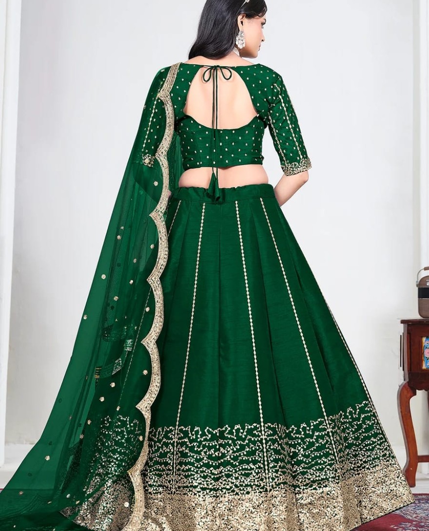 GREEN - Green Art Silk Mirror Handwork Wedding Lehenga Choli