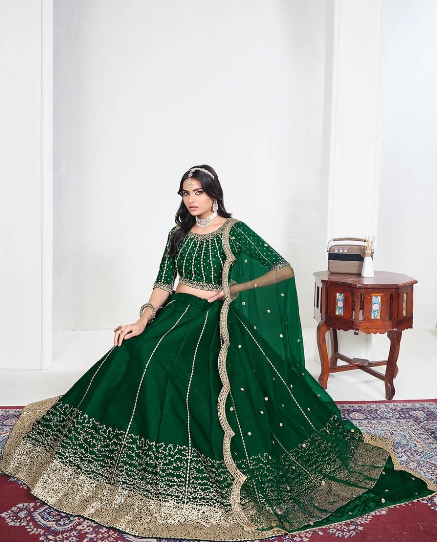 GREEN - Green Art Silk Mirror Handwork Wedding Lehenga Choli