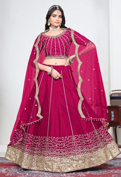 Pink Art Silk Mirror Handwork Wedding Lehenga Choli
