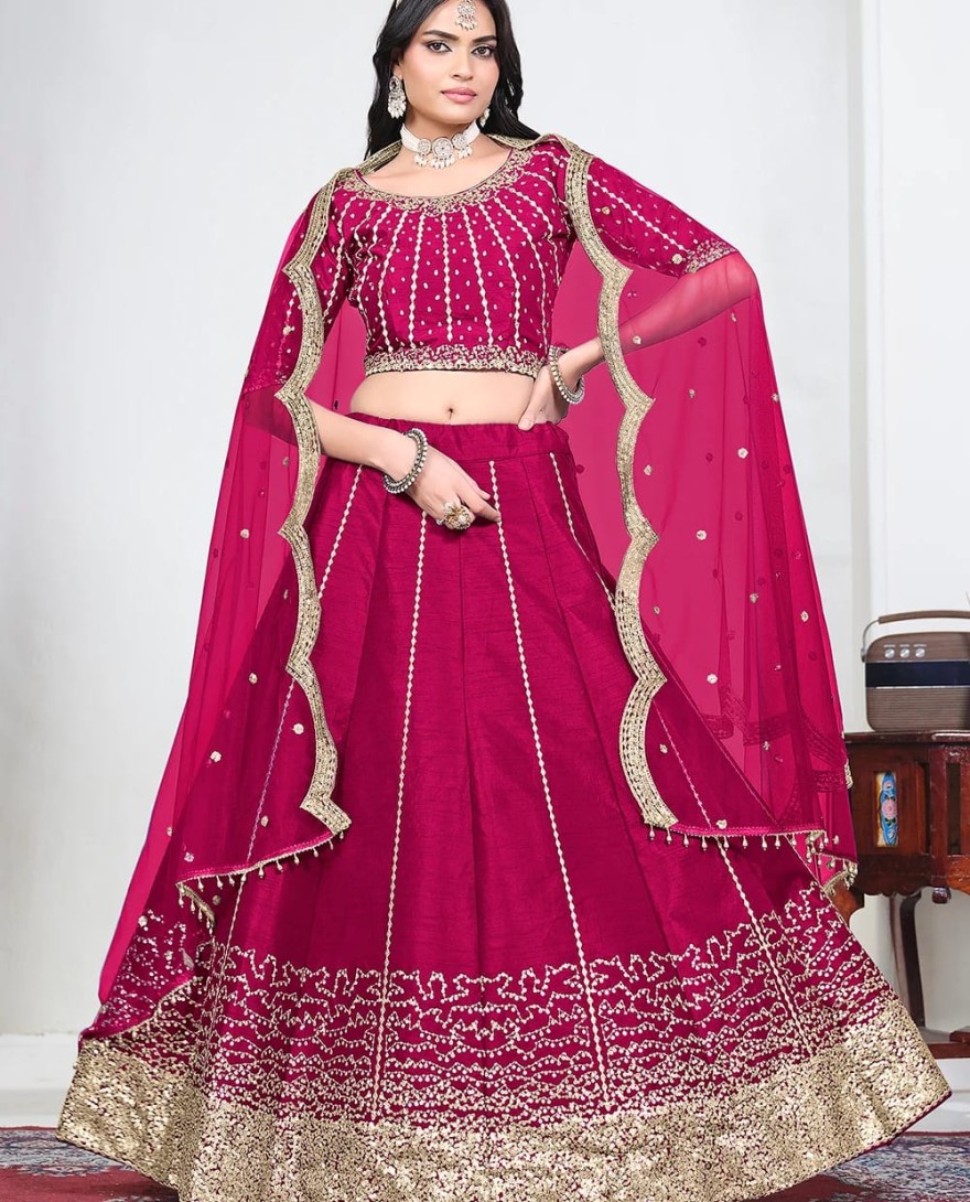 PINK - Pink Art Silk Mirror Handwork Wedding Lehenga Choli