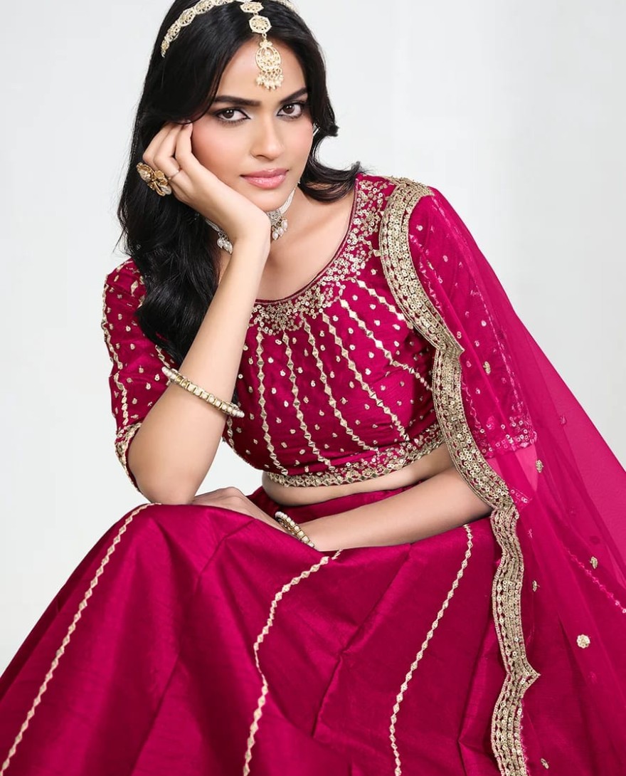 PINK - Pink Art Silk Mirror Handwork Wedding Lehenga Choli