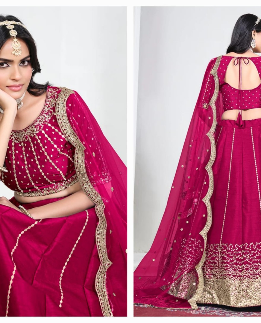 PINK - Pink Art Silk Mirror Handwork Wedding Lehenga Choli