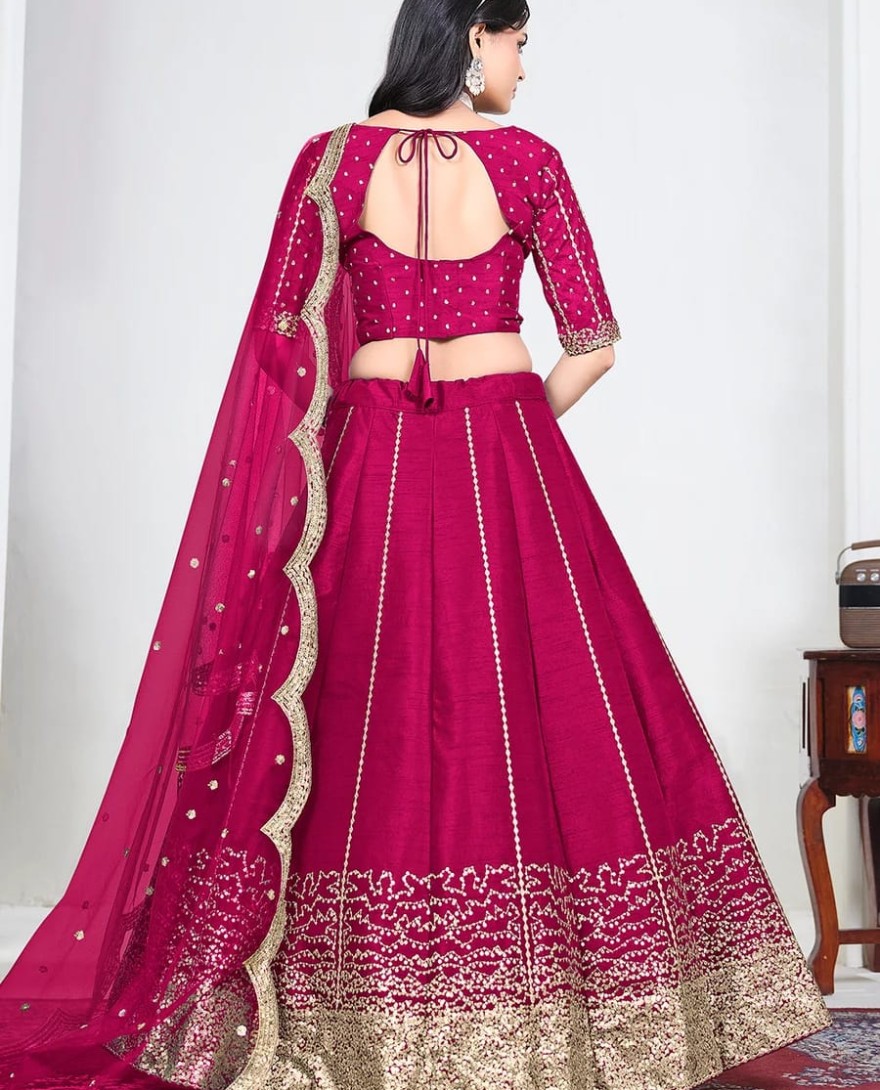 PINK - Pink Art Silk Mirror Handwork Wedding Lehenga Choli