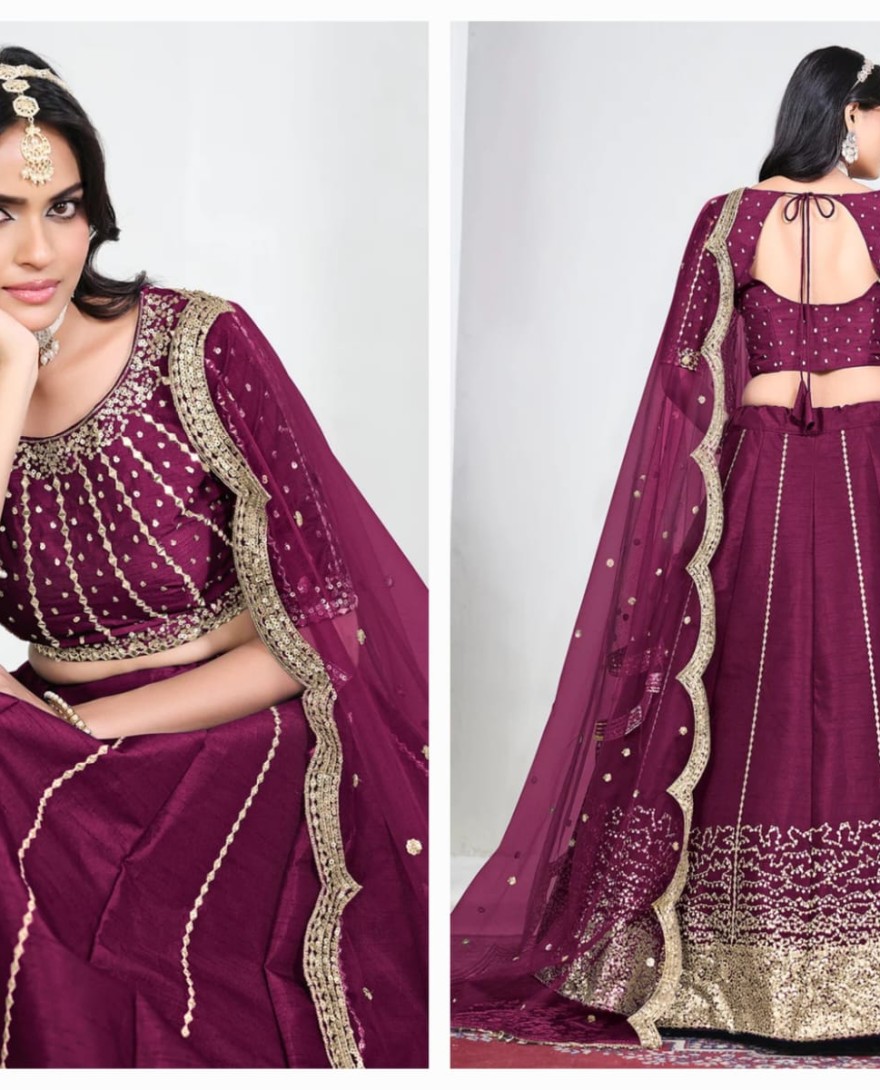 WINE - Wine Art Silk Mirror Handwork Wedding Lehenga Choli