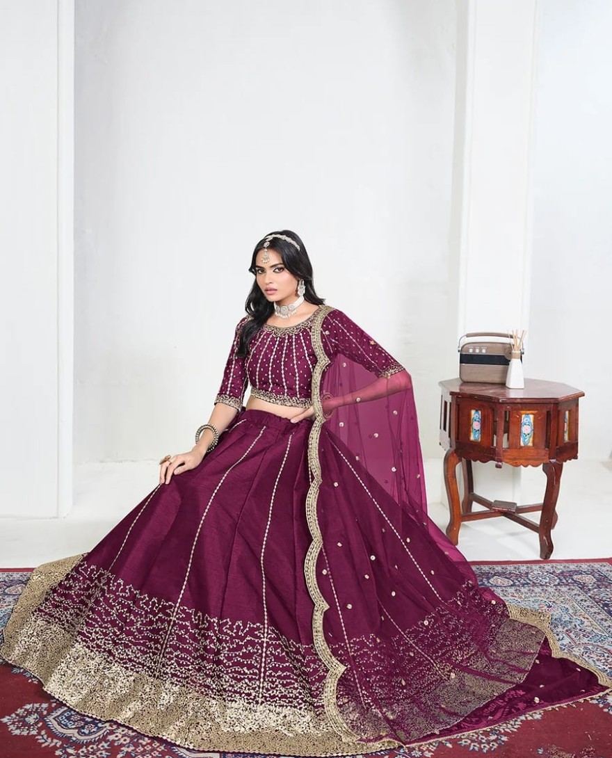 WINE - Wine Art Silk Mirror Handwork Wedding Lehenga Choli
