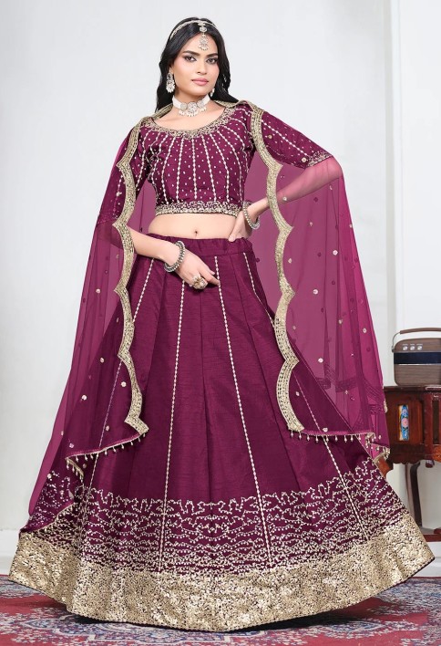 Wine Art Silk Mirror Handwork Wedding Lehenga Choli