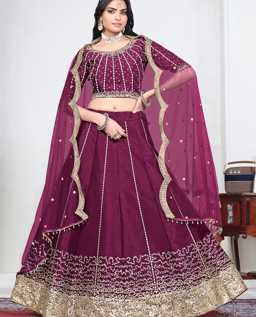 WINE - Wine Art Silk Mirror Handwork Wedding Lehenga Choli