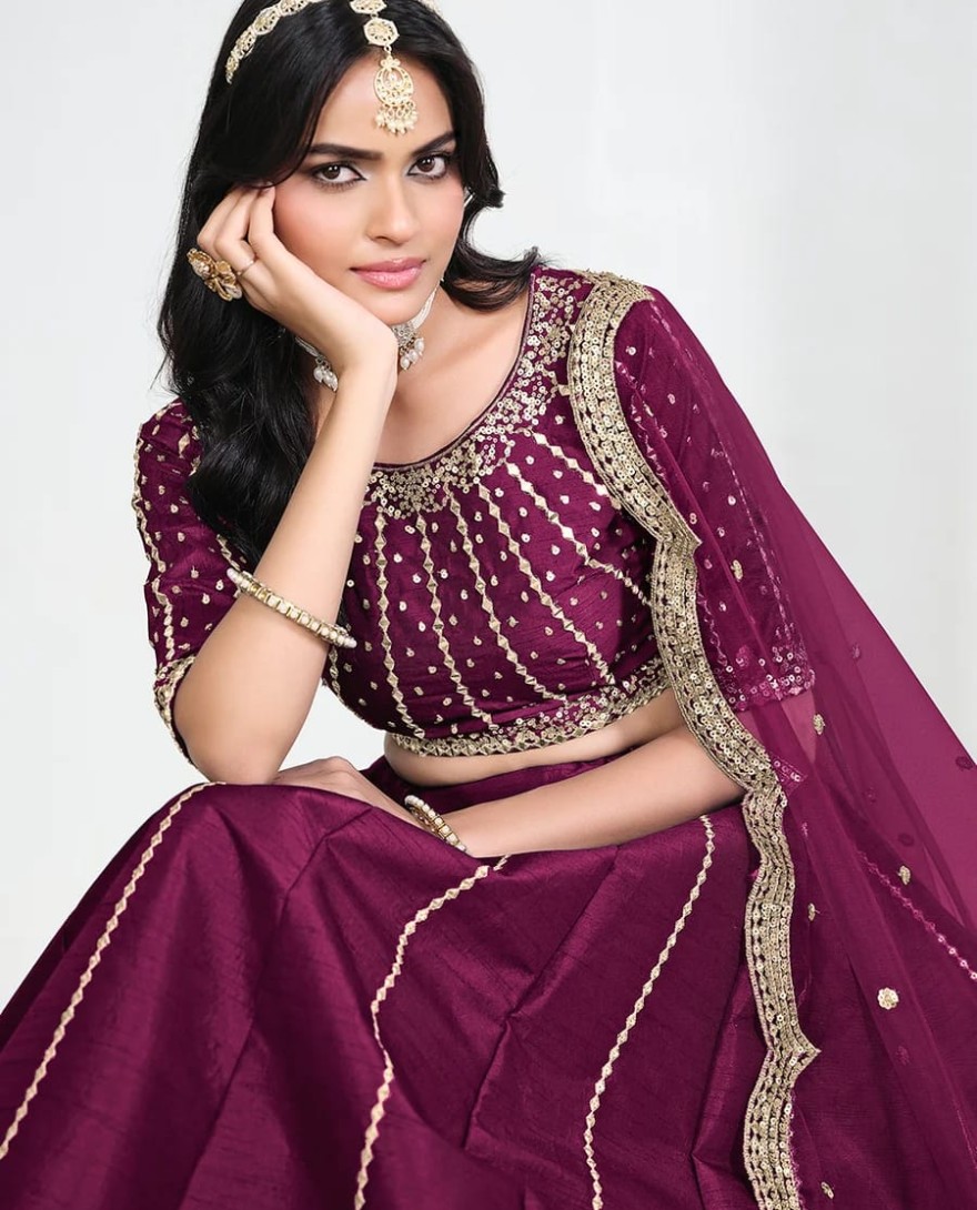 WINE - Wine Art Silk Mirror Handwork Wedding Lehenga Choli