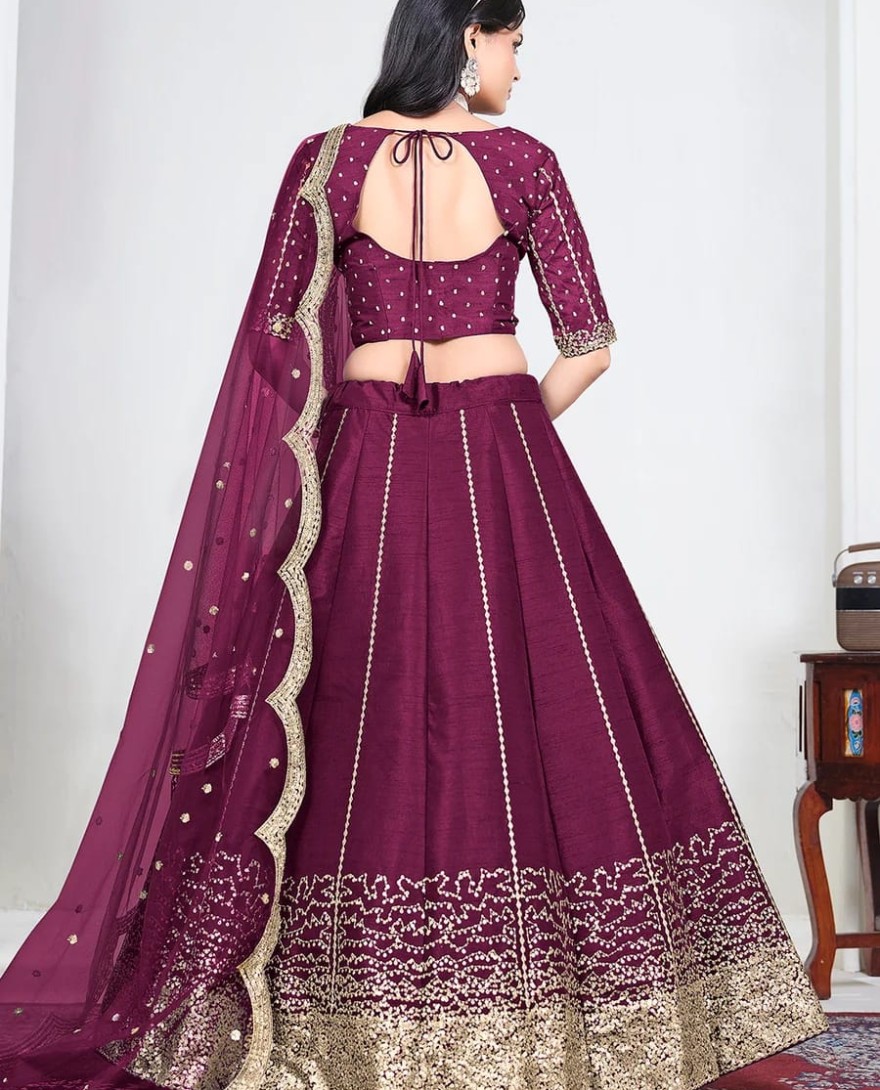 WINE - Wine Art Silk Mirror Handwork Wedding Lehenga Choli