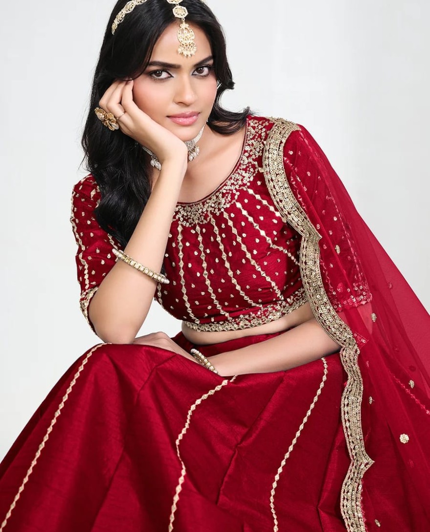 RED - Red Art Silk Mirror Handwork Wedding Lehenga Choli