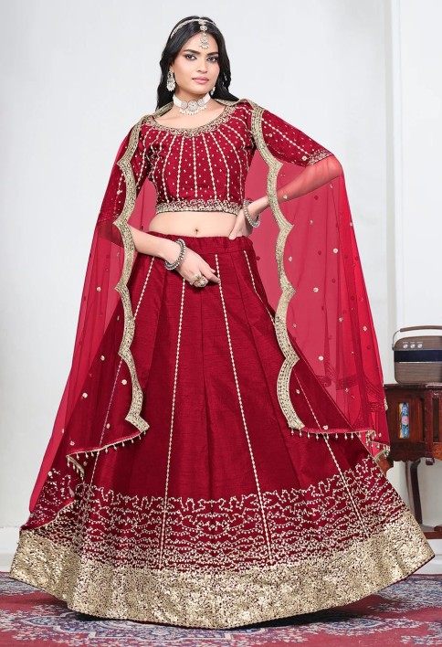 Red Art Silk Mirror Handwork Wedding Lehenga Choli
