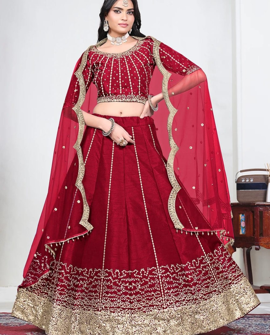 RED - Red Art Silk Mirror Handwork Wedding Lehenga Choli